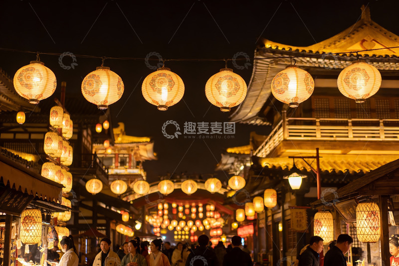 高清大图下载【趣麦麦图】夜市古建筑灯笼高挂游人如织