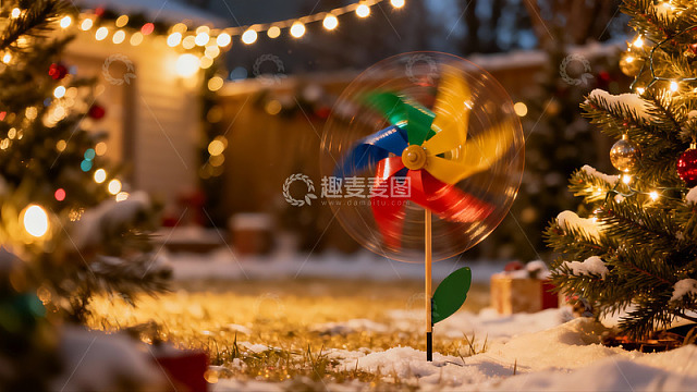 雪地圣诞树旁的彩色风车
