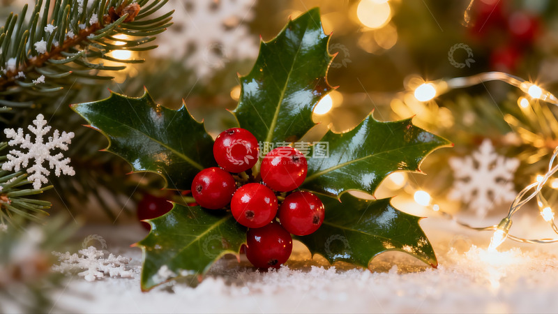 高清大图下载【趣麦麦图】圣诞冬青与雪花装饰