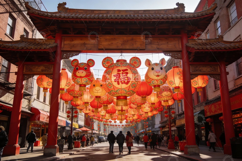 高清大图下载【趣麦麦图】中式牌坊下挂满灯笼的街道