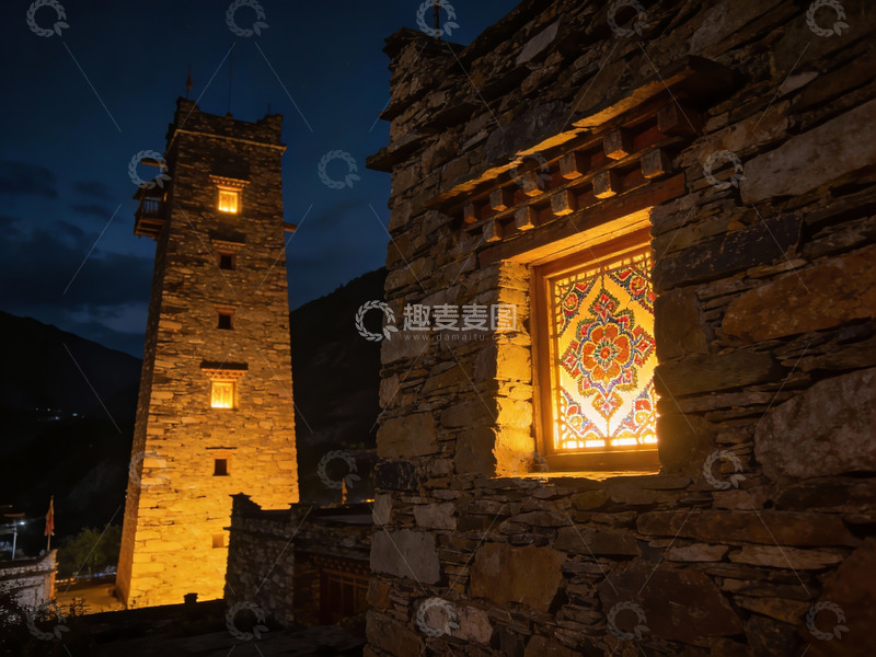 高清大图下载【趣麦麦图】夜色中古塔与石墙建筑