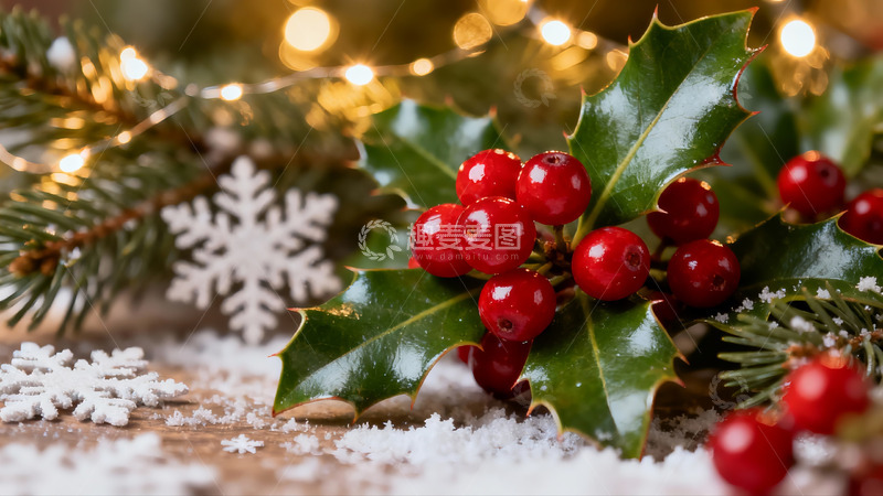 高清大图下载【趣麦麦图】圣诞红果绿叶雪景