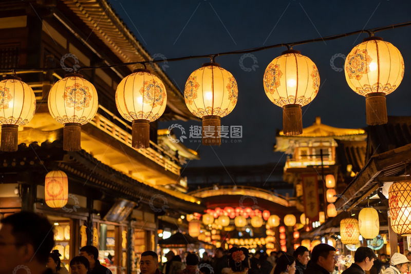 高清大图下载【趣麦麦图】夜市灯笼高挂人群熙攘