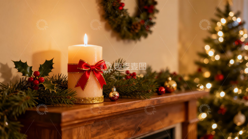 高清大图下载【趣麦麦图】圣诞壁炉上的蜡烛与装饰