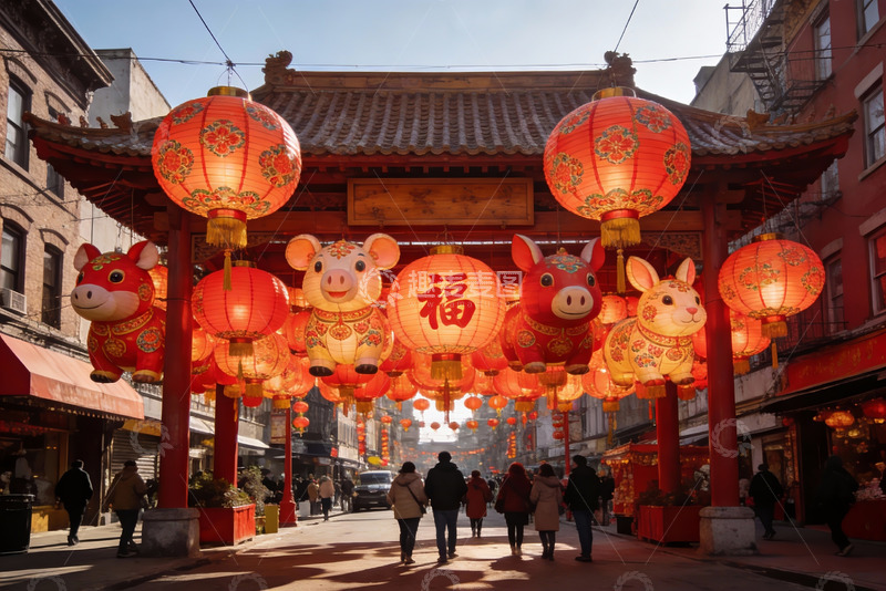 高清大图下载【趣麦麦图】中式灯笼装饰街道节日氛围浓厚