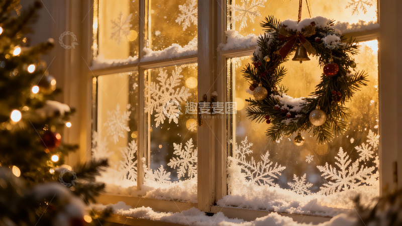 高清大图下载【趣麦麦图】窗前圣诞花环雪景温馨