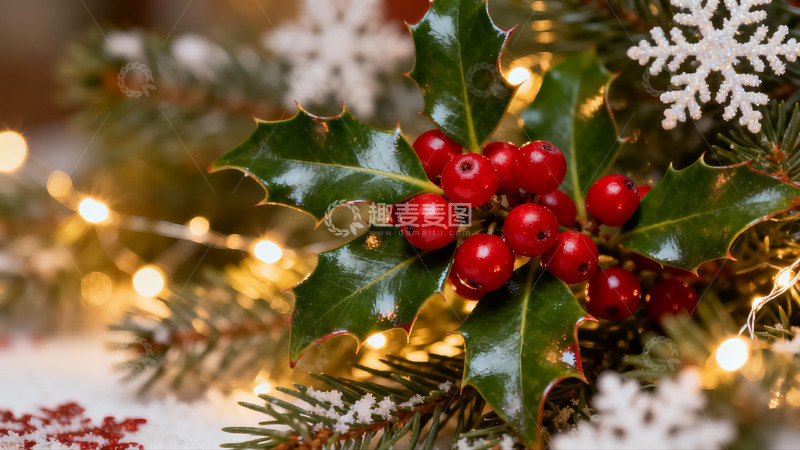 高清大图下载【趣麦麦图】圣诞绿叶红果与雪花装饰