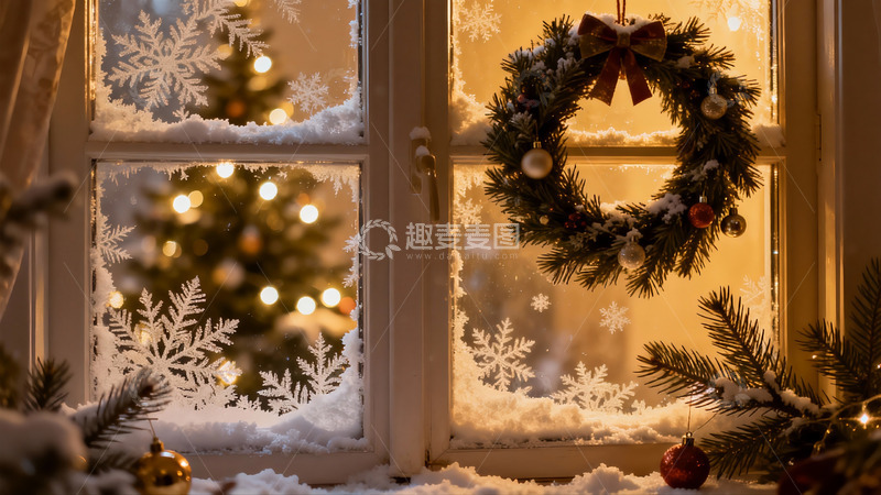 高清大图下载【趣麦麦图】冬夜窗前圣诞花环与雪景