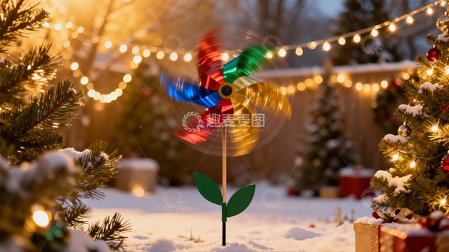 雪夜圣诞树旁的彩色风车