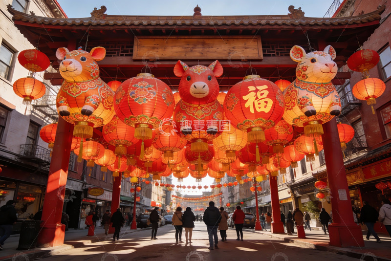 高清大图下载【趣麦麦图】春节街景挂满红灯笼和生肖装饰