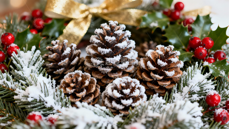 高清大图下载【趣麦麦图】雪覆松果与冬青装饰