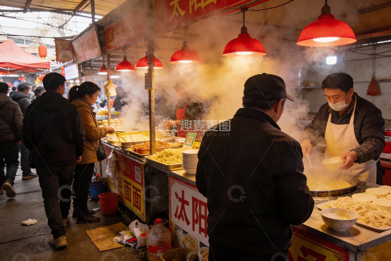高清大图下载【趣麦麦图】热闹市集夜宵摊位食客云集