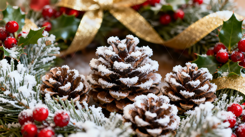 高清大图下载【趣麦麦图】雪覆松果与冬青装饰
