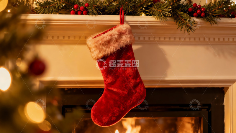 高清大图下载【趣麦麦图】圣诞袜挂壁炉节日装饰