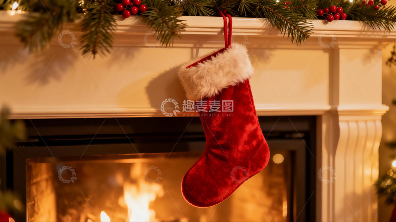 高清大图下载【趣麦麦图】壁炉旁圣诞袜与松枝装饰