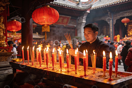 寺庙中男子点燃香烛祈福