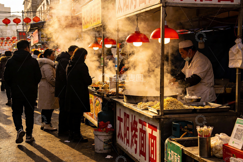 高清大图下载【趣麦麦图】街头美食摊位热闹场景
