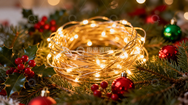 高清大图下载【趣麦麦图】圣诞装饰灯与绿叶果实