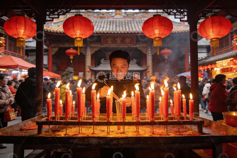 高清大图下载【趣麦麦图】寺庙前男子点燃蜡烛祈福