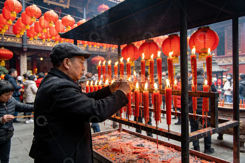 高清大图下载【趣麦麦图】古庙前众人点燃红蜡烛祈福