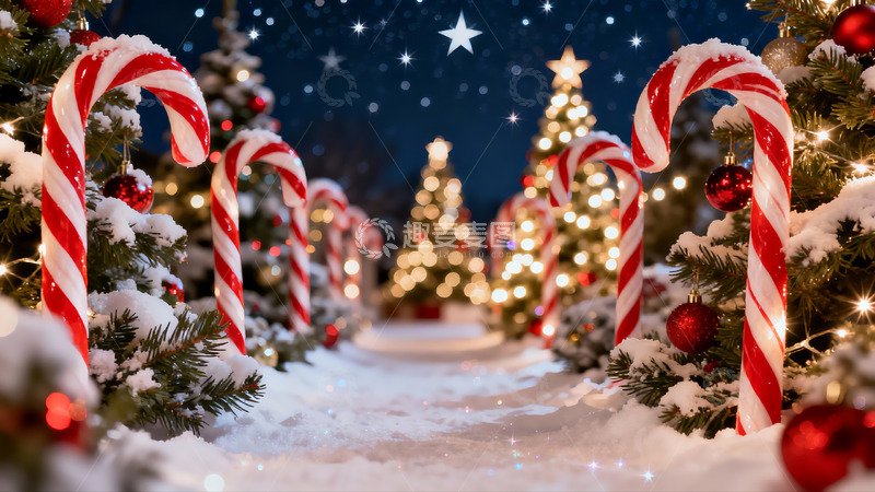 高清大图下载【趣麦麦图】雪夜圣诞树与拐杖糖