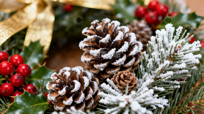 高清大图下载【趣麦麦图】雪覆松果红果绿叶圣诞装饰