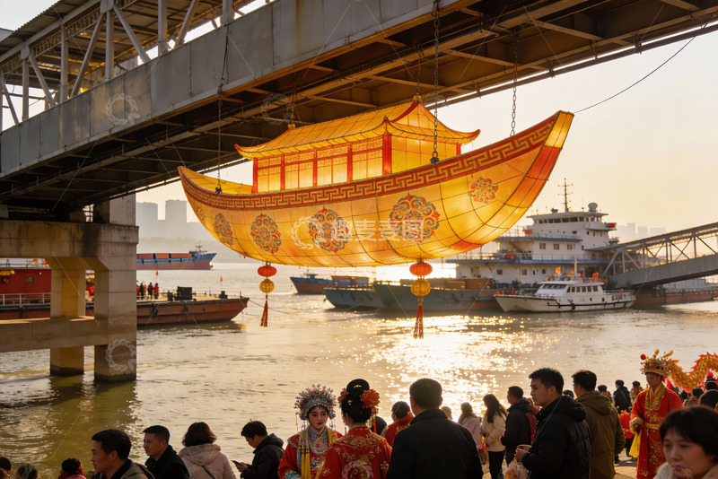高清大图下载【趣麦麦图】河畔节日庆典人群与巨型灯笼