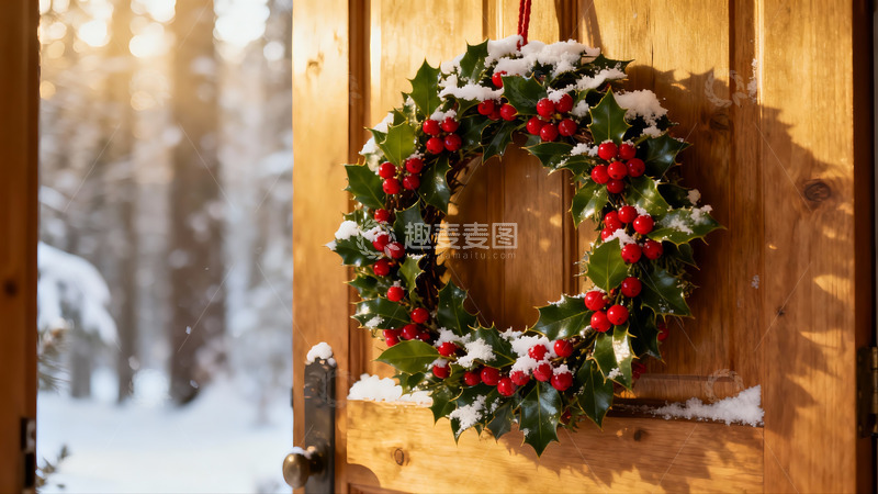 高清大图下载【趣麦麦图】雪中木门上的圣诞花环