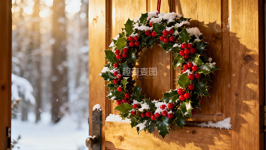 雪中木门上的圣诞花环