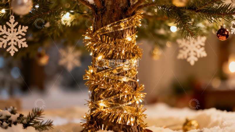 高清大图下载【趣麦麦图】圣诞树缠绕金带灯光闪烁