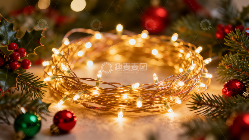 高清大图下载【趣麦麦图】圣诞灯饰环绕绿叶与彩球