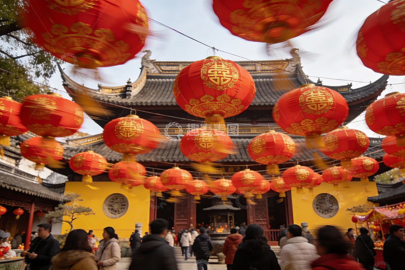 高清大图下载【趣麦麦图】古寺挂红灯笼人群熙攘