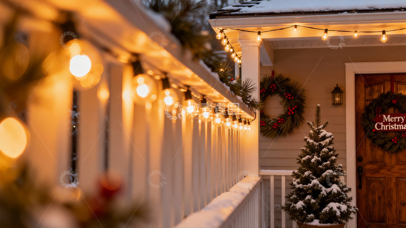高清大图下载【趣麦麦图】冬日圣诞装饰的温馨门廊