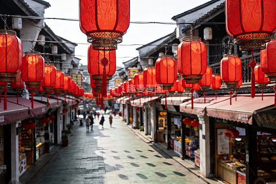 古街红灯笼高挂行人漫步
