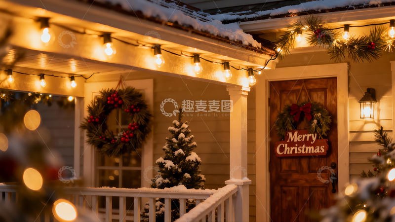 高清大图下载【趣麦麦图】雪夜圣诞装饰的温馨门廊