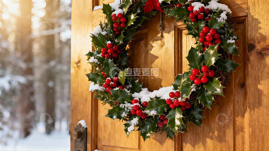 雪中圣诞花环点缀木门