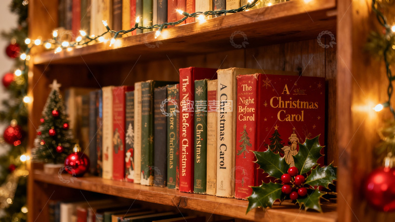 高清大图下载【趣麦麦图】圣诞书架温馨节日氛围