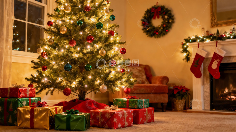 高清大图下载【趣麦麦图】温馨圣诞树与礼物装饰场景