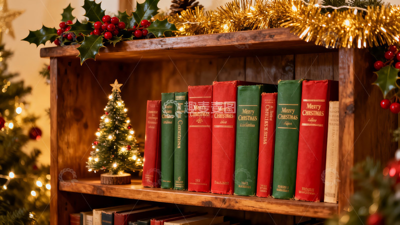 高清大图下载【趣麦麦图】圣诞书架装饰温馨节日氛围