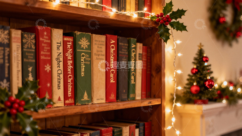 高清大图下载【趣麦麦图】圣诞书架灯光装饰温馨场景