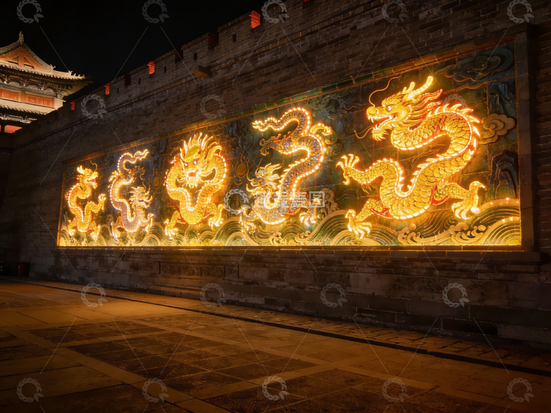 高清大图下载【趣麦麦图】夜景古城墙龙画灯光璀璨