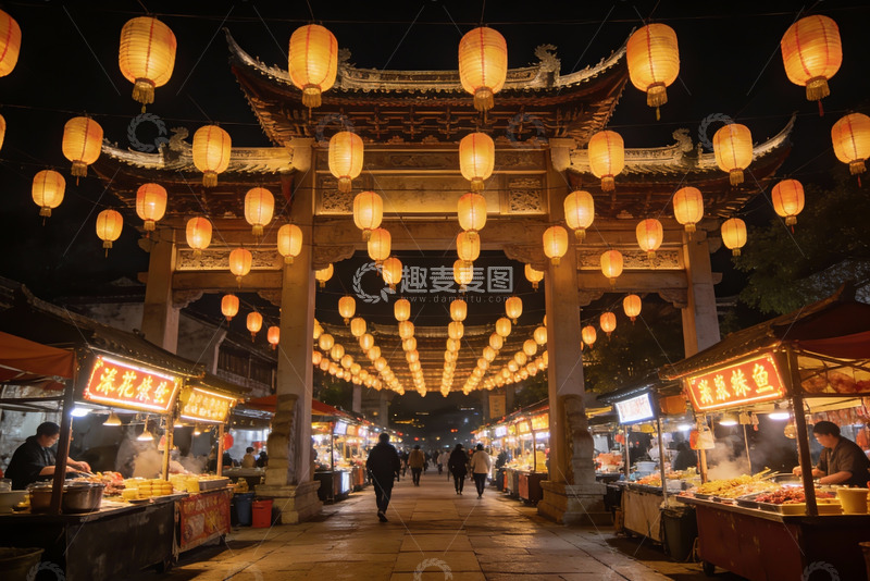 高清大图下载【趣麦麦图】夜市灯笼高挂行人穿梭