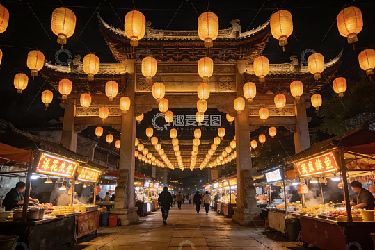 夜市灯笼高挂行人穿梭