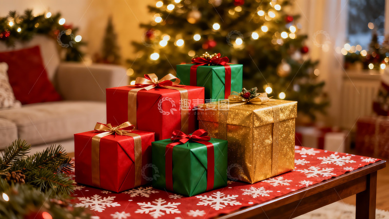 高清大图下载【趣麦麦图】圣诞树前的礼物盒