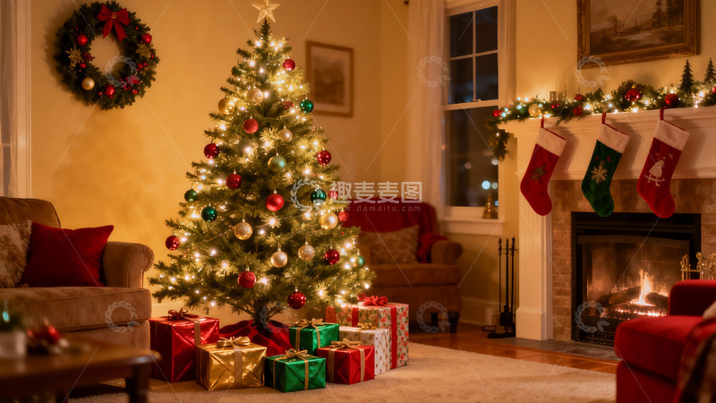 高清大图下载【趣麦麦图】温馨圣诞夜客厅装饰