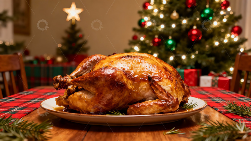 高清大图下载【趣麦麦图】圣诞餐桌上的烤火鸡