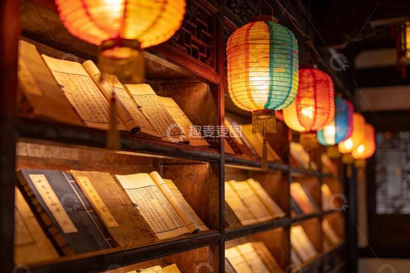 高清大图下载【趣麦麦图】古色古香书架与彩灯