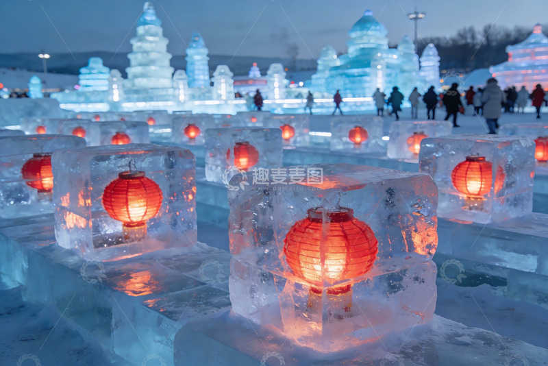 高清大图下载【趣麦麦图】冰灯节夜景冰雕灯笼交相辉映