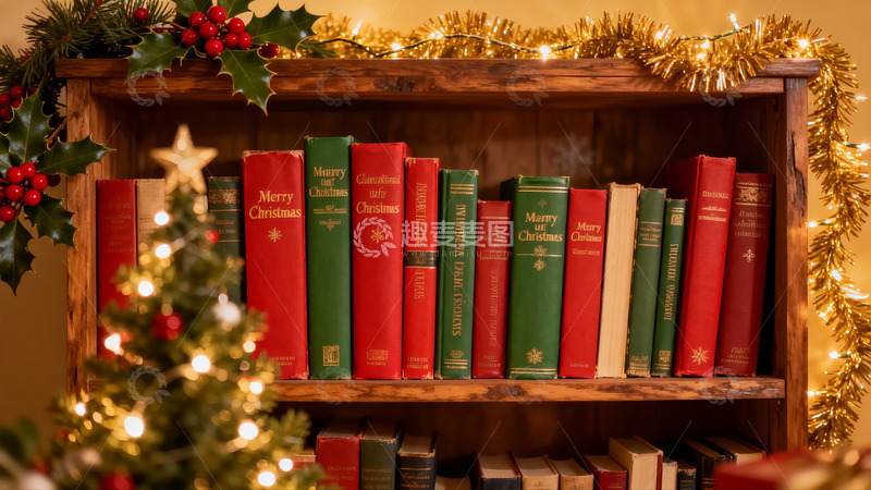 高清大图下载【趣麦麦图】圣诞书架装饰温馨节日氛围