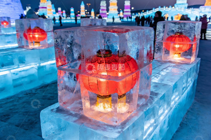 高清大图下载【趣麦麦图】冰雕灯笼夜景